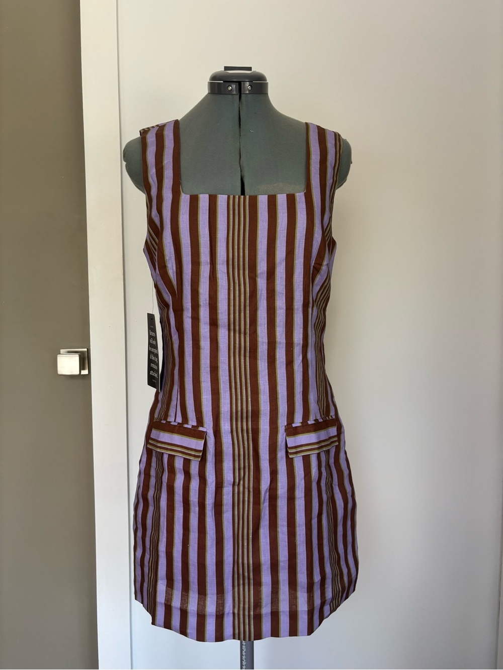 Hyacinth House 100% Linen Striped Mini Dress Purple Brown Size S NWT Flaw